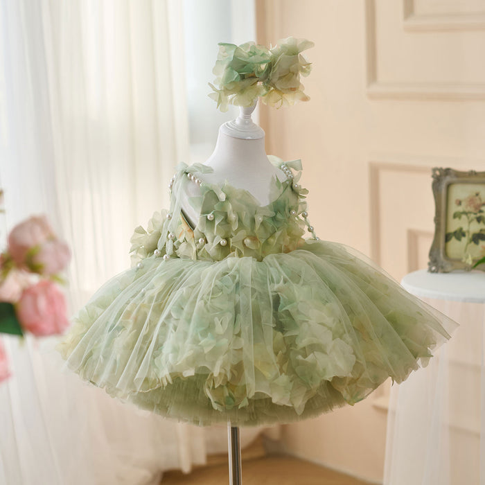 Scoop Pearl Sling Flower Girl Dress With Bow Sleeveless D053