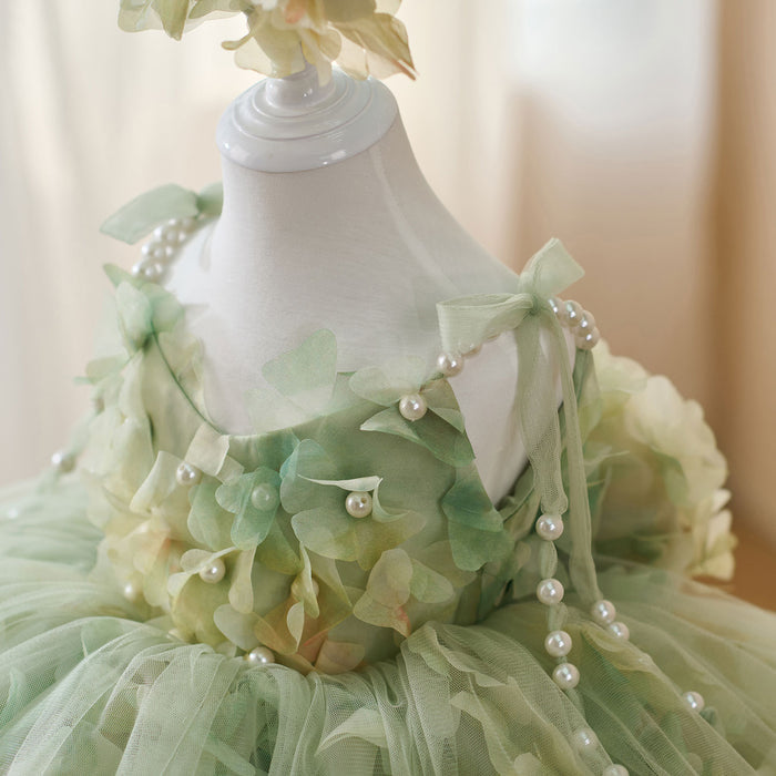 Scoop Pearl Sling Flower Girl Dress With Bow Sleeveless D053