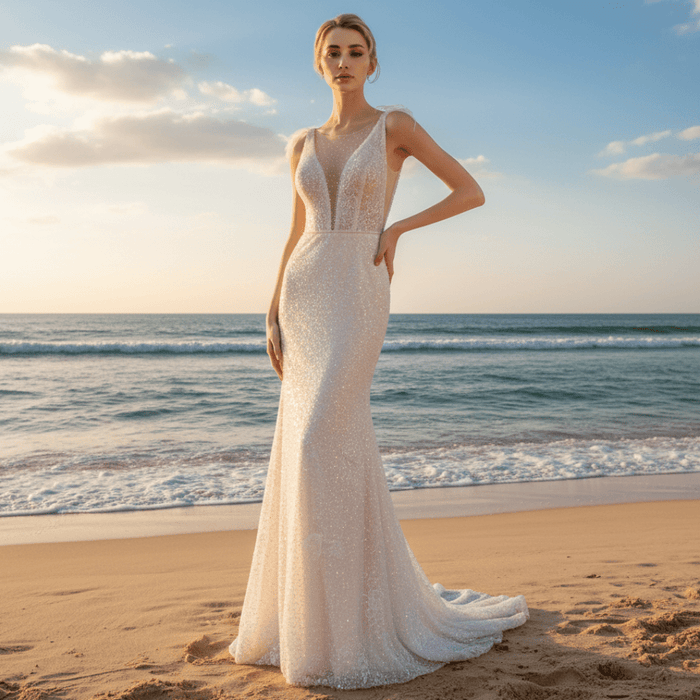 Sequin Mermaid Wedding Dress with a Illusion Neckline - Rosymae