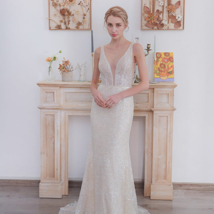 Sequin Mermaid Wedding Dress with a Illusion Neckline - Rosymae
