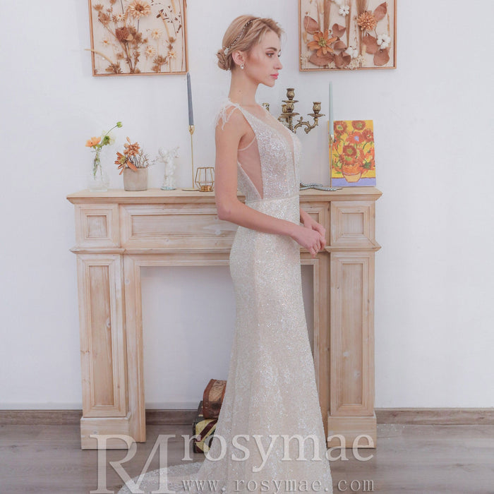 Sequin Mermaid Wedding Dress with a Illusion Neckline - Rosymae