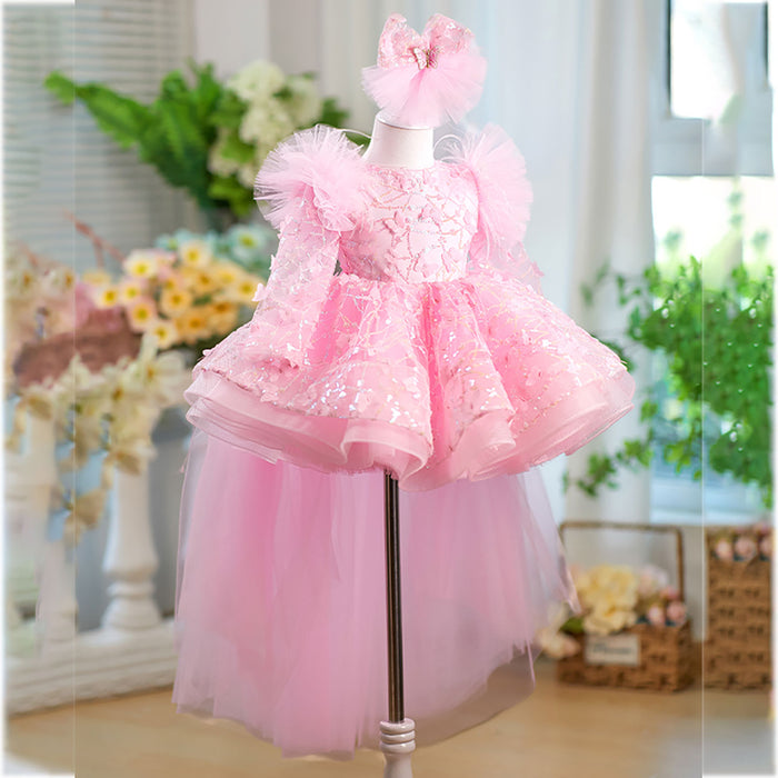 Sequined Feathers Flower Girl Dress With Trailing D064