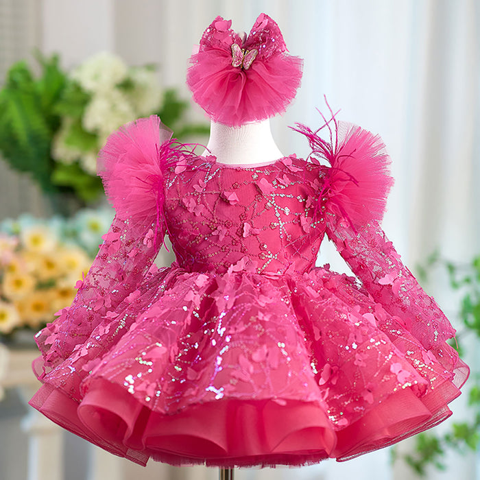 Sequined Feathers Flower Girl Dress With Trailing D064