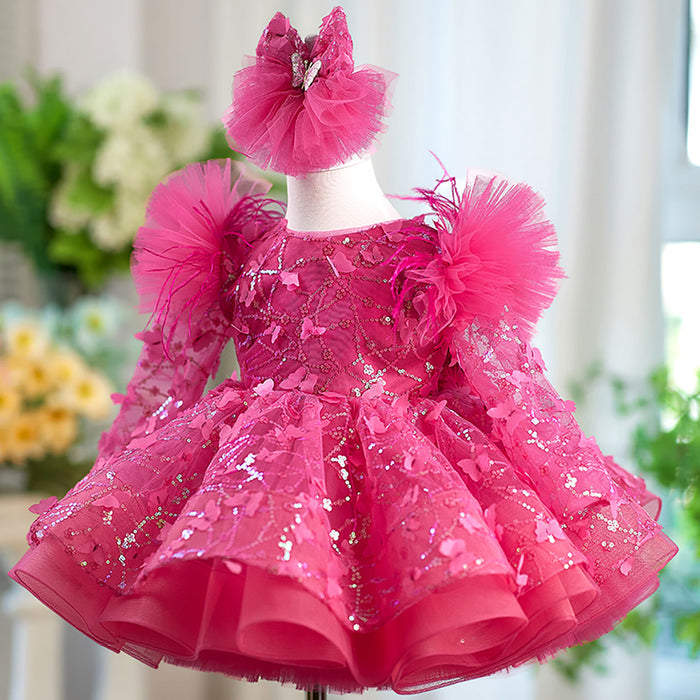 Sequined Feathers Flower Girl Dress With Trailing D064