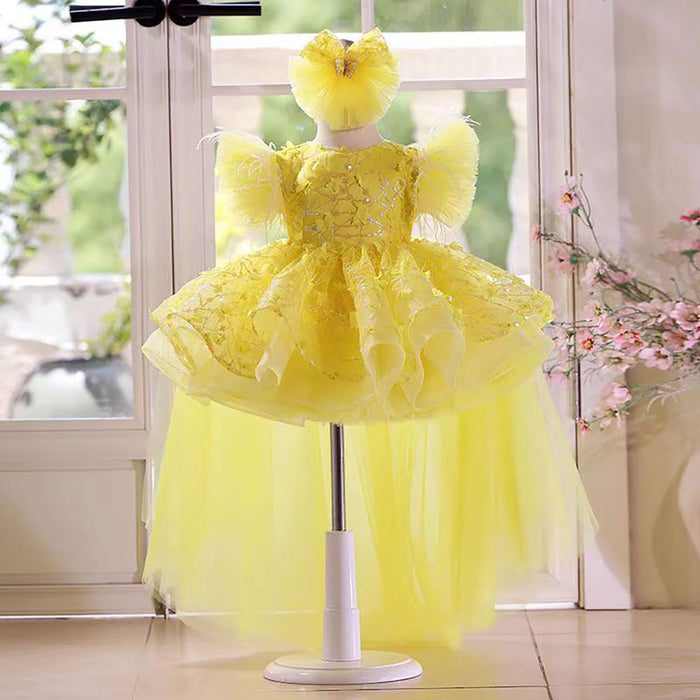 Sequined Feathers Flower Girl Dress With Trailing D064