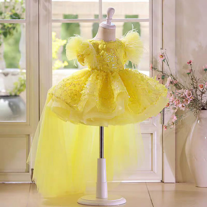 Sequined Feathers Flower Girl Dress With Trailing D064