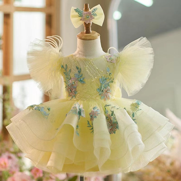 Sequins  Princess Yellow Girl Dress Knee Length Puffy Sleeve J258