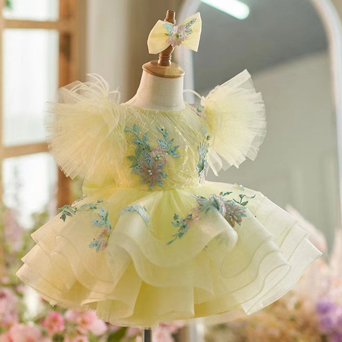 Sequins  Princess Yellow Girl Dress Knee Length Puffy Sleeve J258