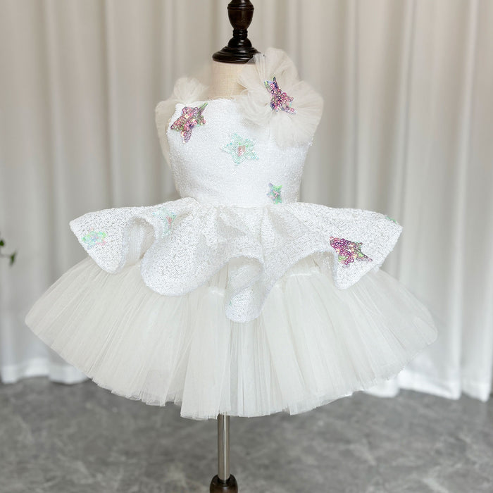 Sequins White Flower Girl Dress Knee Length Arabic Princess Gown J281