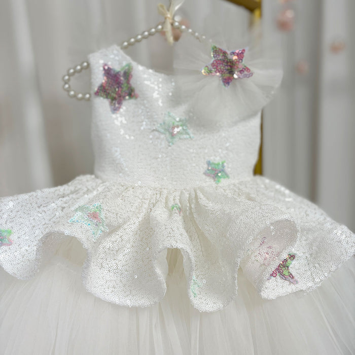 Sequins White Flower Girl Dress Knee Length Arabic Princess Gown J281