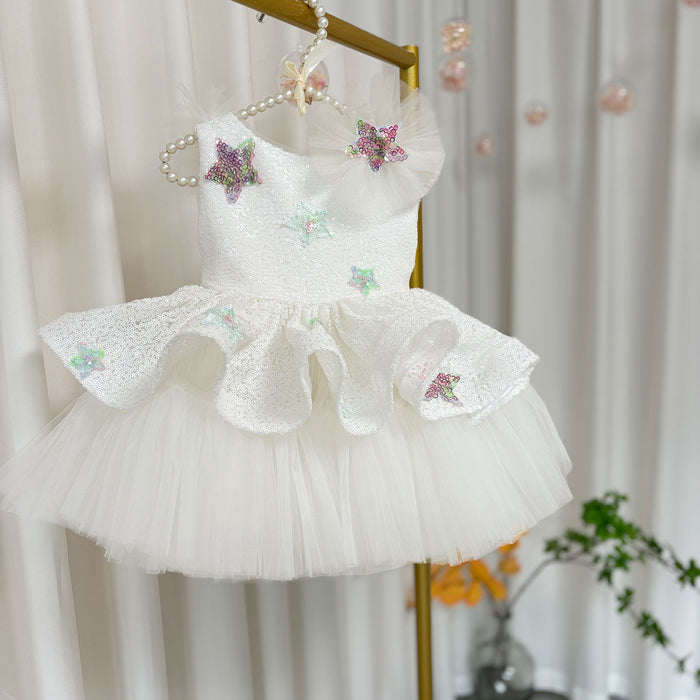 Sequins White Flower Girl Dress Knee Length Arabic Princess Gown J281