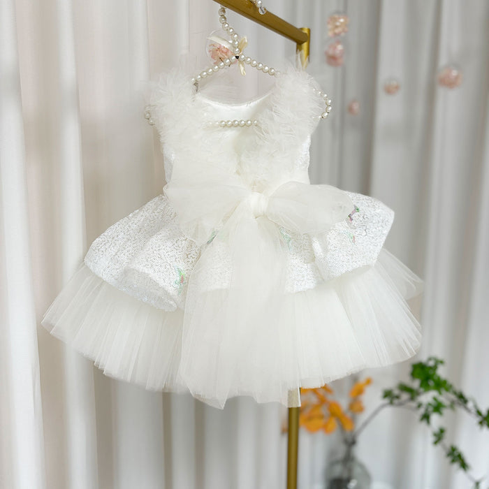 Sequins White Flower Girl Dress Knee Length Arabic Princess Gown J281