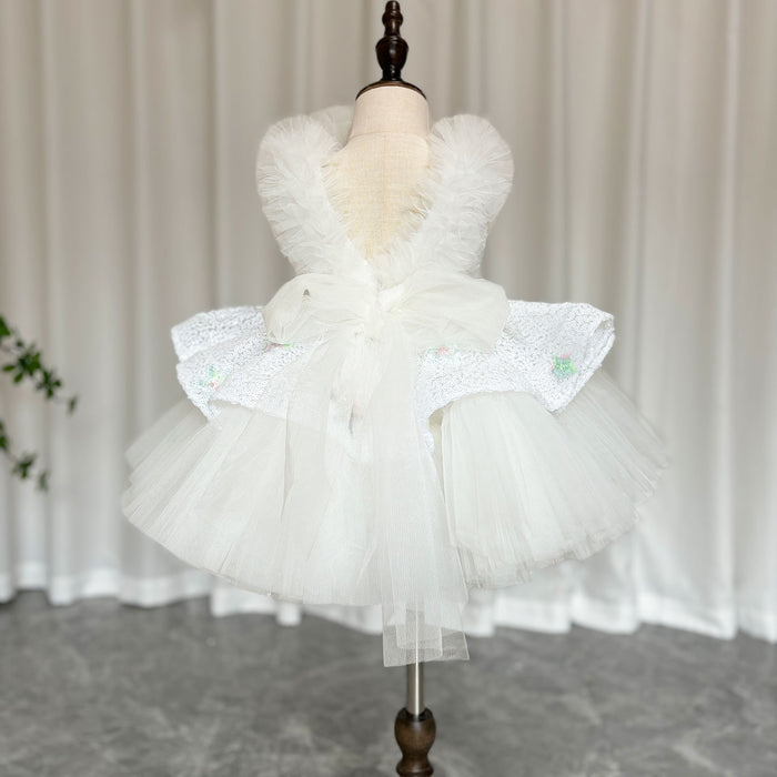 Sequins White Flower Girl Dress Knee Length Arabic Princess Gown J281