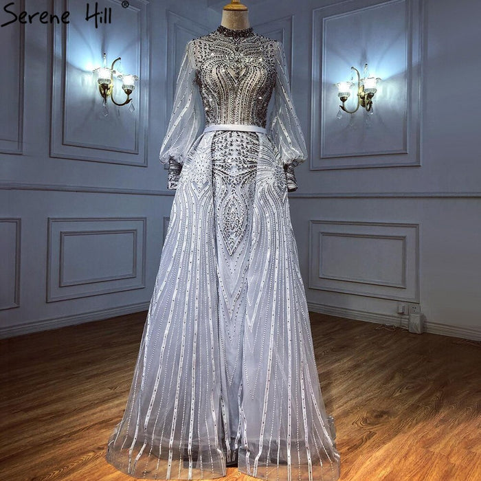 Serene Hill Muslim Grey Overskirt Evening Dresses Gowns 2025 Mermaid Elegant Beaded For Woman Party LA71248 - SERENE HILL
