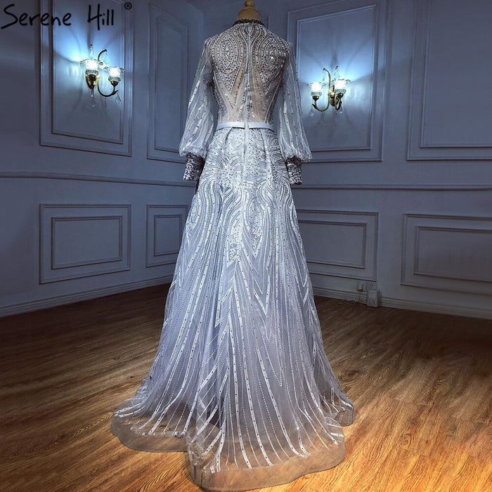 Serene Hill Muslim Grey Overskirt Evening Dresses Gowns 2025 Mermaid Elegant Beaded For Woman Party LA71248 - SERENE HILL