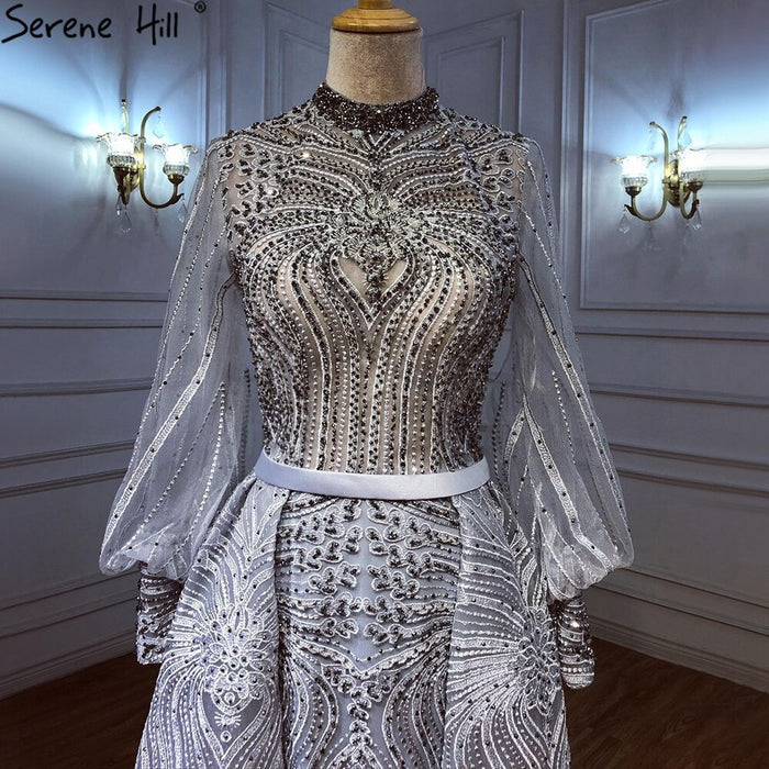 Serene Hill Muslim Grey Overskirt Evening Dresses Gowns 2025 Mermaid Elegant Beaded For Woman Party LA71248 - SERENE HILL