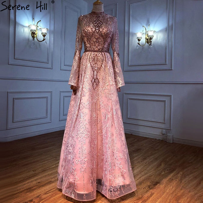 Serene Hill Muslim Pink Lace Beaded Evening Dresses Gowns 2025 A-Line Luxury For Women Wedding Party LA71247 - SERENE HILL