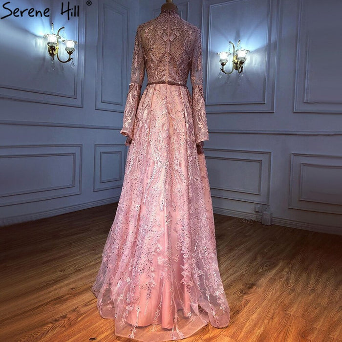 Serene Hill Muslim Pink Lace Beaded Evening Dresses Gowns 2025 A-Line Luxury For Women Wedding Party LA71247 - SERENE HILL