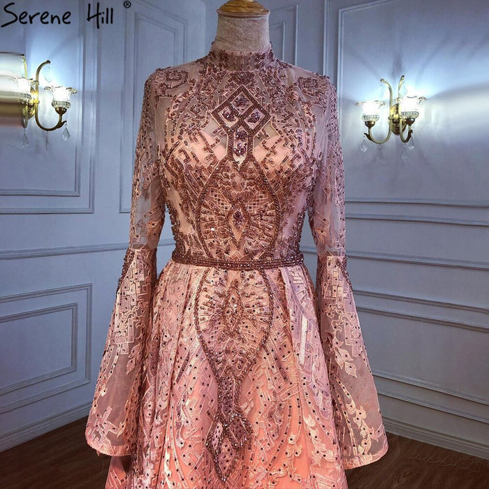 Serene Hill Muslim Pink Lace Beaded Evening Dresses Gowns 2025 A-Line Luxury For Women Wedding Party LA71247 - SERENE HILL