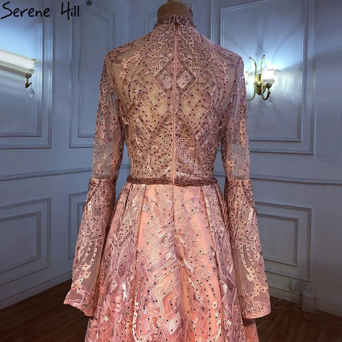 Serene Hill Muslim Pink Lace Beaded Evening Dresses Gowns 2025 A-Line Luxury For Women Wedding Party LA71247 - SERENE HILL