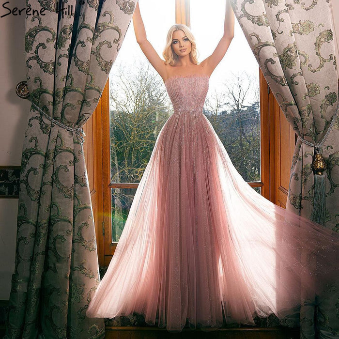 Serene Hill Pink A-Line Luxury Evening Dresses Gowns 2021 Beaded Sleeveless For Women Wedding Party LA71239 - SERENE HILL