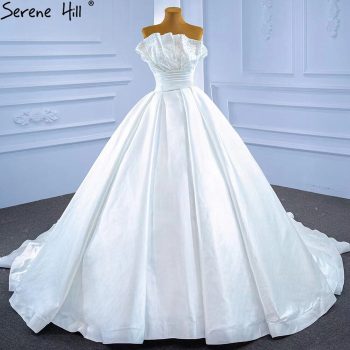 Serene Hill White Satin Sexy Wedding Dresses 2025 High-end Beaded Pearls Bridal Dress HM67267 Cusotm Made - SERENE HILL