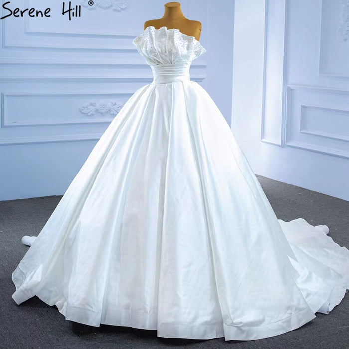 Serene Hill White Satin Sexy Wedding Dresses 2025 High-end Beaded Pearls Bridal Dress HM67267 Cusotm Made - SERENE HILL