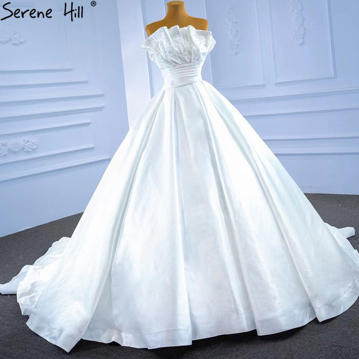 Serene Hill White Satin Sexy Wedding Dresses 2025 High-end Beaded Pearls Bridal Dress HM67267 Cusotm Made - SERENE HILL