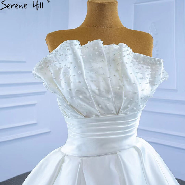 Serene Hill White Satin Sexy Wedding Dresses 2025 High-end Beaded Pearls Bridal Dress HM67267 Cusotm Made - SERENE HILL