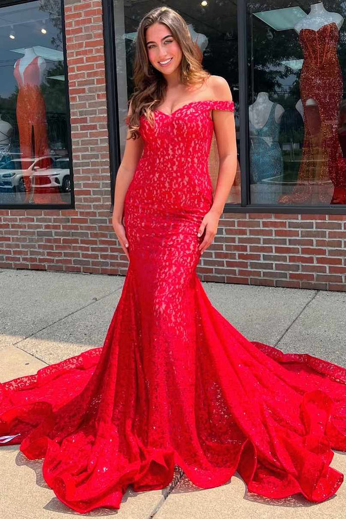 Sexy Red Off-Shoulder Mermaid Lace Evening Prom Dress with Train