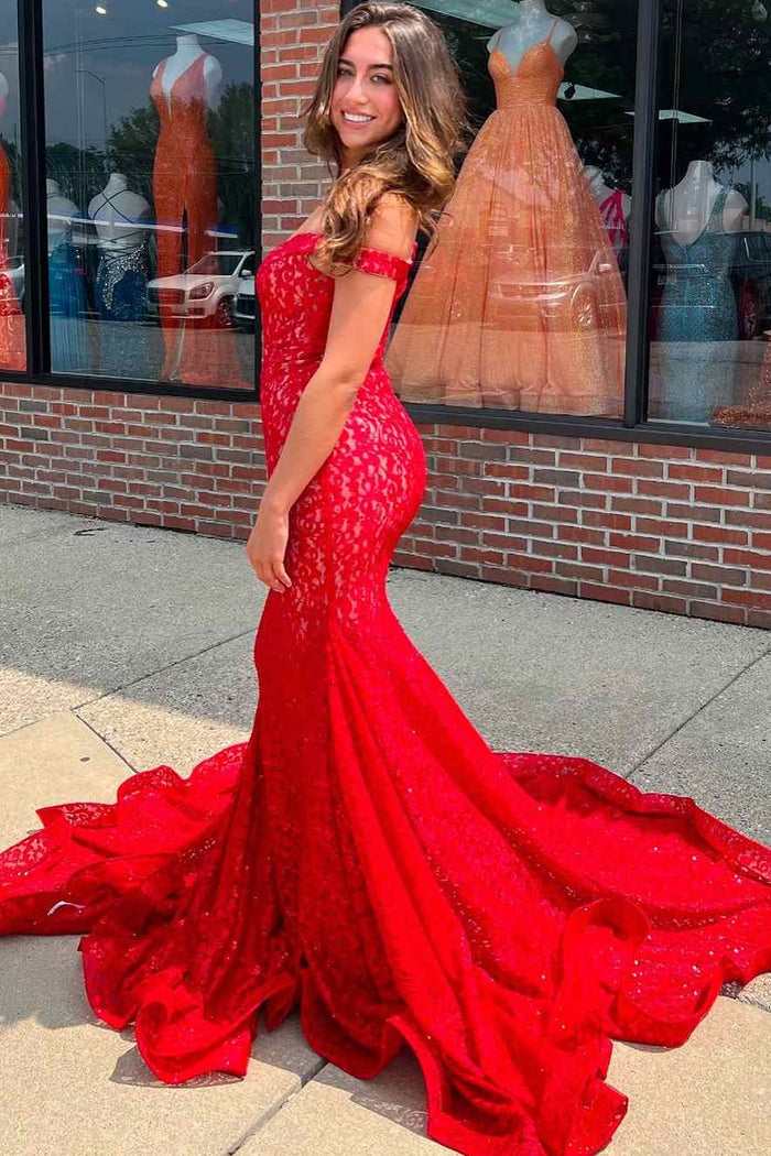 Sexy Red Off-Shoulder Mermaid Lace Evening Prom Dress with Train