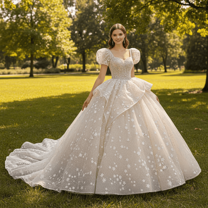 Short Puff Sleeve Ballgown Wedding Dresses Princess Wedding Gowns - Rosymae