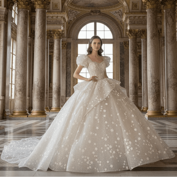 Short Puff Sleeve Ballgown Wedding Dresses Princess Wedding Gowns - Rosymae