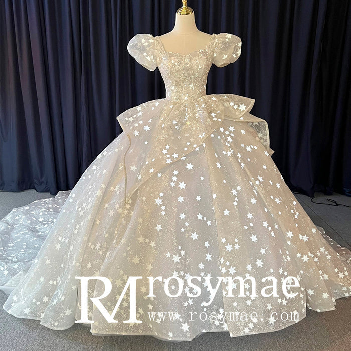 Short Puff Sleeve Ballgown Wedding Dresses Princess Wedding Gowns - Rosymae