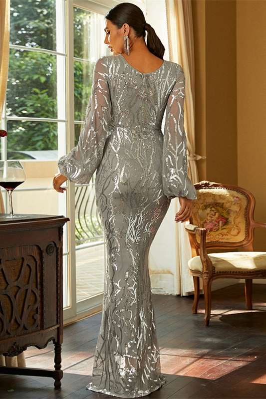 Silver Crew Neck Long Sleeve Mermaid Long Evening Dress