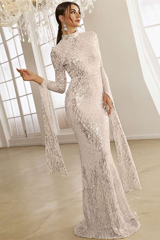 Silver High-Collar Long Sleeve Mermaid Formal Dress