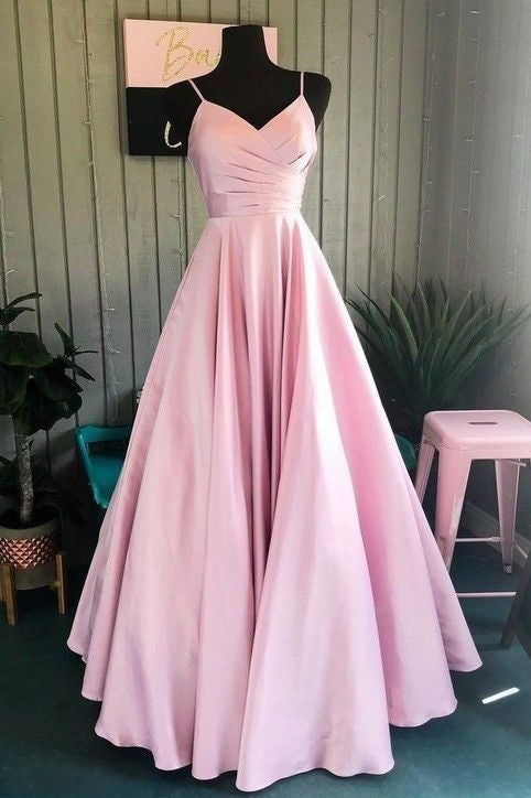 Simple Pink A-Line Spaghetti Straps Pleated V-Neck Satin Prom Dress