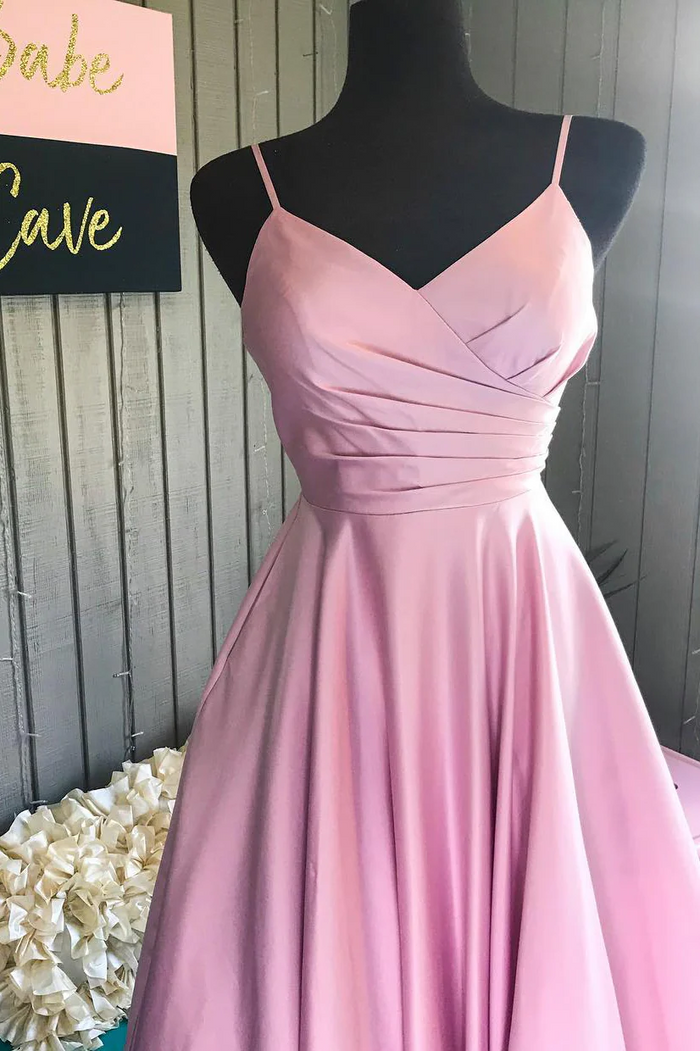 Simple Pink A-Line Spaghetti Straps Pleated V-Neck Satin Prom Dress
