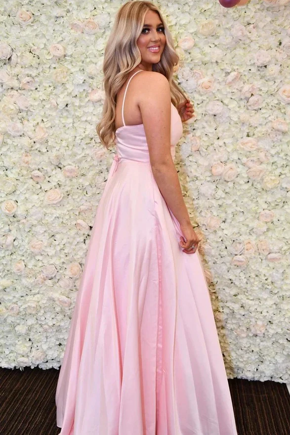 Simple Pink A-Line Spaghetti Straps Pleated V-Neck Satin Prom Dress
