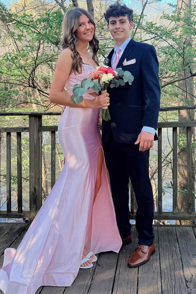 Simple Pink Twist Strapless Pleats Satin Long Prom Dress with Slit