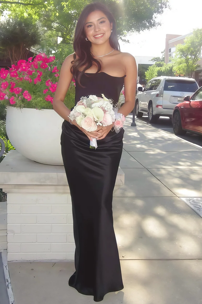 Simple Strapless Pleats Sleeveless Satin Long Formal Prom Dress