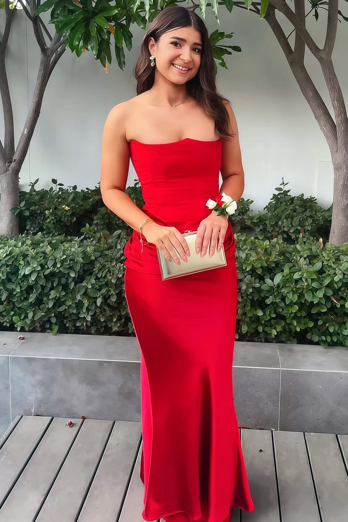 Simple Strapless Pleats Sleeveless Satin Long Formal Prom Dress