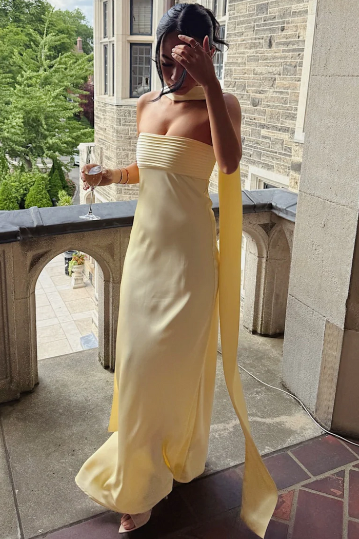 Simple Strapless Satin Sleeveless Fitted Long Formal Prom Dress