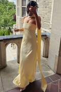 Simple Strapless Satin Sleeveless Fitted Long Formal Prom Dress