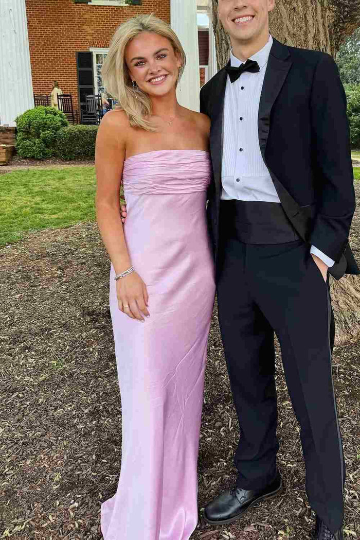Simple Strapless Satin Sleeveless Fitted Long Formal Prom Dress