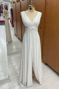 Simple White V-Neck A-Line Formal Dress with Slit