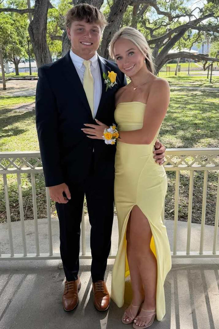 Simple Yellow Strapless Satin Sleeveless Formal Prom Dress with Slit