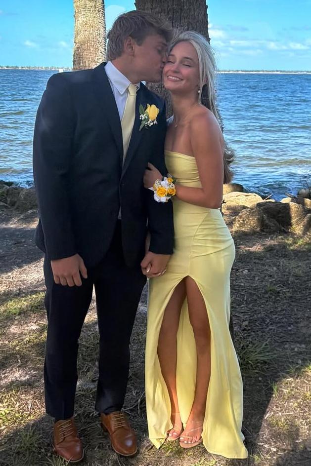Simple Yellow Strapless Satin Sleeveless Formal Prom Dress with Slit