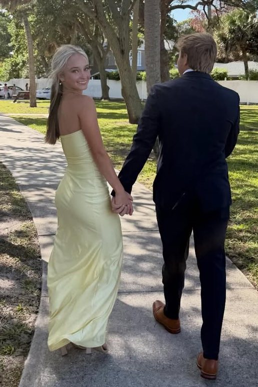Simple Yellow Strapless Satin Sleeveless Formal Prom Dress with Slit