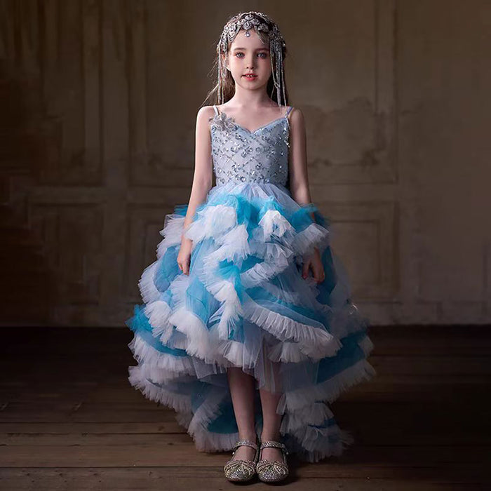 Sleeveless Beading Tulle Flower Girl Dress Blue J399